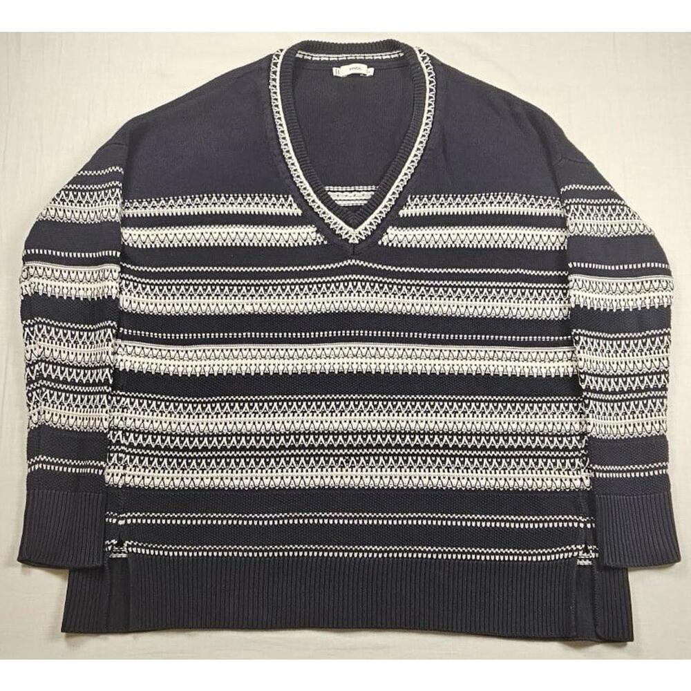 Vince Oversized Cotton Knit V-Neck Sweater Black/White Stripe Women's Size Small